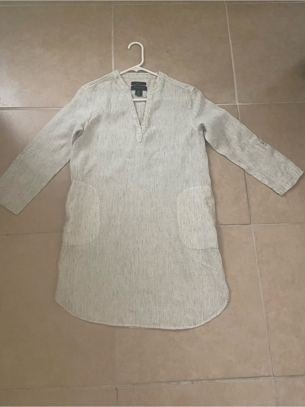 Tahari White Linen Top with Black Pinstripes